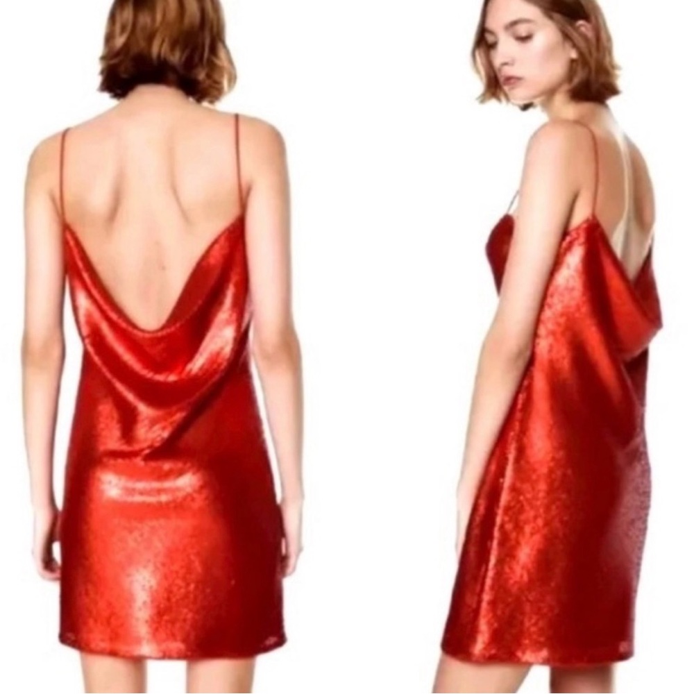 Zara Red Satin Cowl-Back Mini Dress
